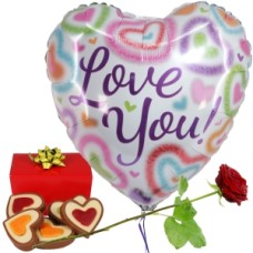 Love you helium balloon + chocolate + rose (Heart balloon pastel love you + 140 grams of chocolate hearts + fresh red rose + Bottle of white prosecco)